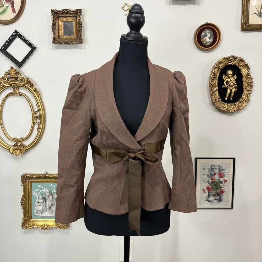 Vintage Betsey Johnson Brown Puff Sleeve Blazer with Olive Bow Belt